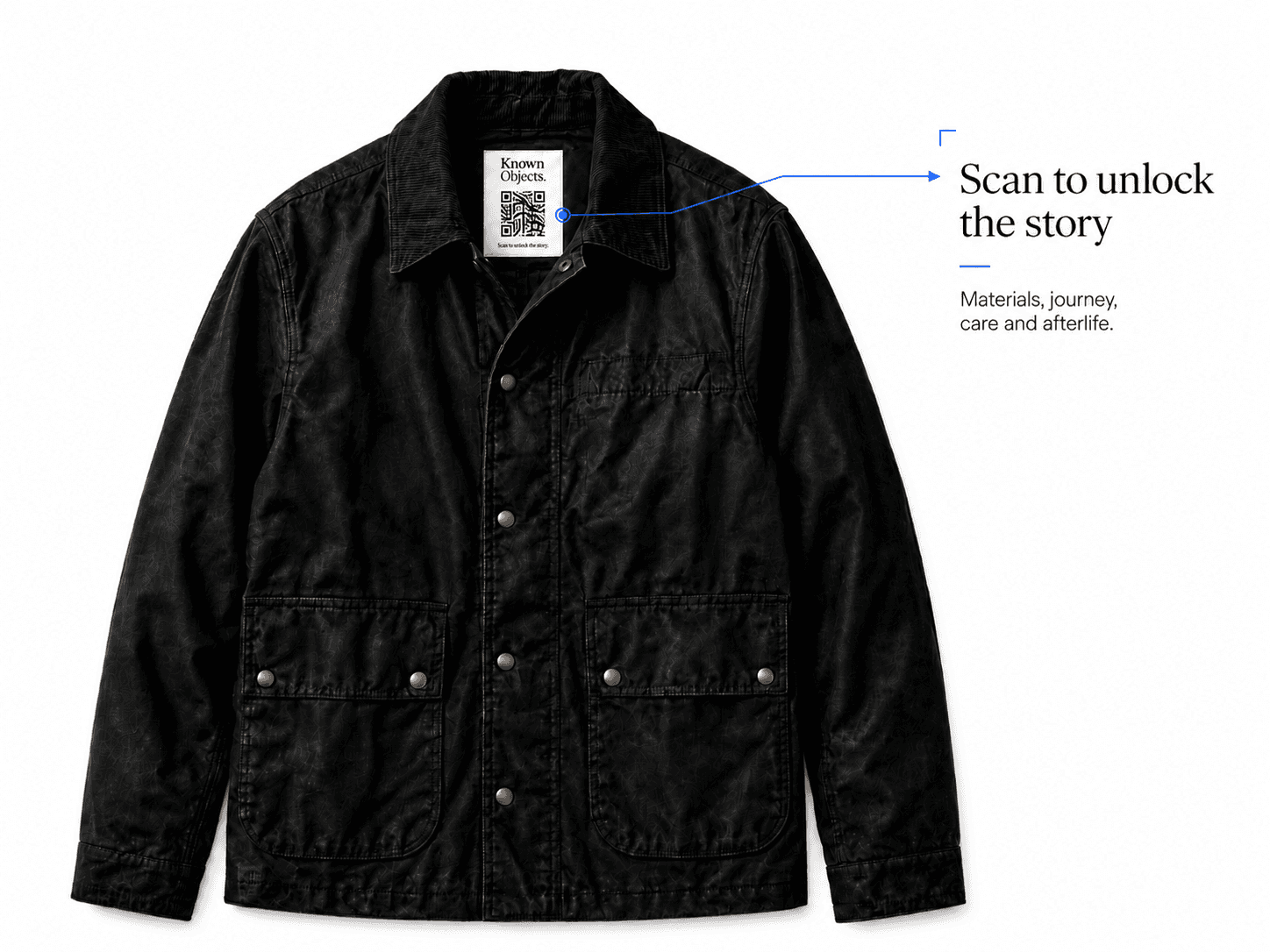 Waxed field jacket with Known Objects. digital identity tag